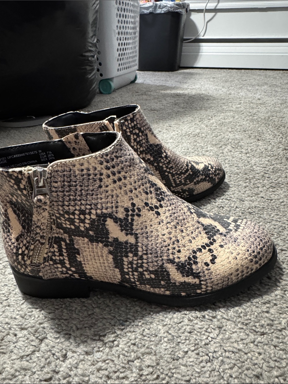 Time and Tru Beige and Black Snake-Print Ankle Booties
